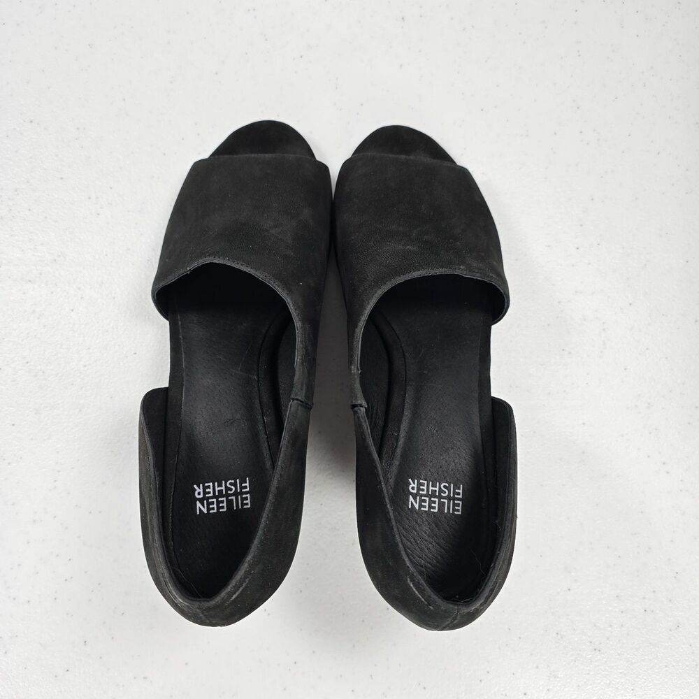 Eileen Fisher Fig D'Orsay Wedges Womens 7.5 Black Nubuck Leather Peep Toe Shoes - Picture 5 of 8